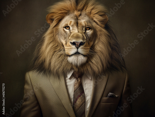 A lion wearing a suit made with generative ai - suit, commercial, animal, well dressed