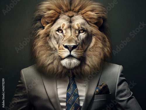 A lion wearing a suit made with generative ai - suit, commercial, animal, well dressed