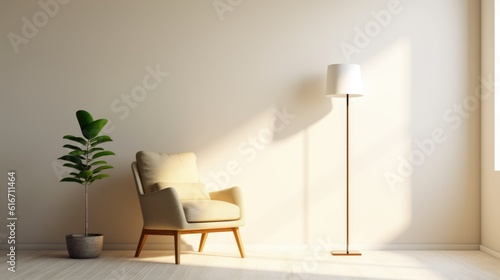 a minimalistic room, featuring a single armchair and a lamp
