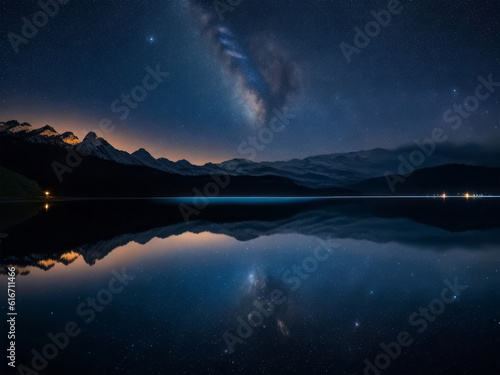 the night sky is reflected in the still water of a lake.