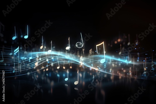 Abstract Music Background with Glowing Lights and Musical Symbols. Generative AI illustrations