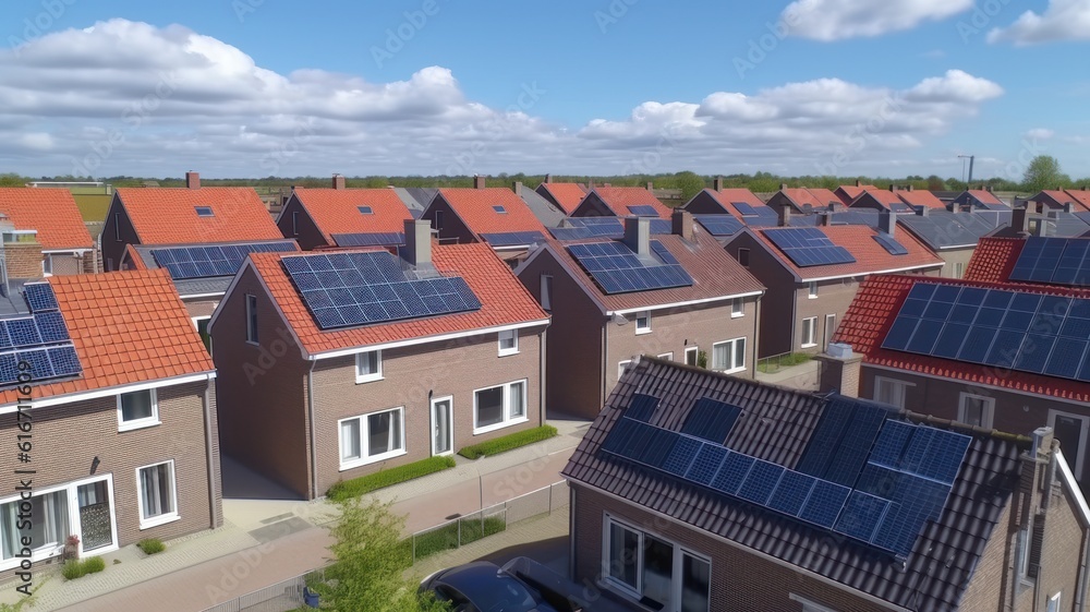 Solar panels are installed on the tiled roofs of a row of modern houses in a suburb with green streets under a blue sky. Sustainable energy, alternative power generation.