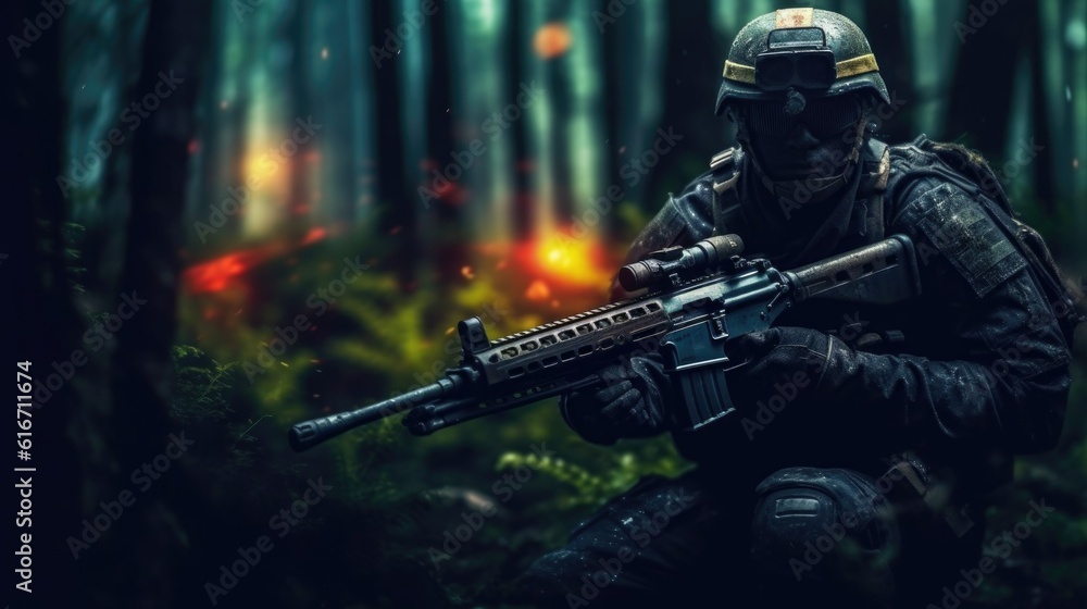 Military Man Holding a Rifle in the Darkness, Embodying Vigilance and Preparedness Military Man Holding a Rifle in the Darkness, Embodying Vigilance and Preparedness
