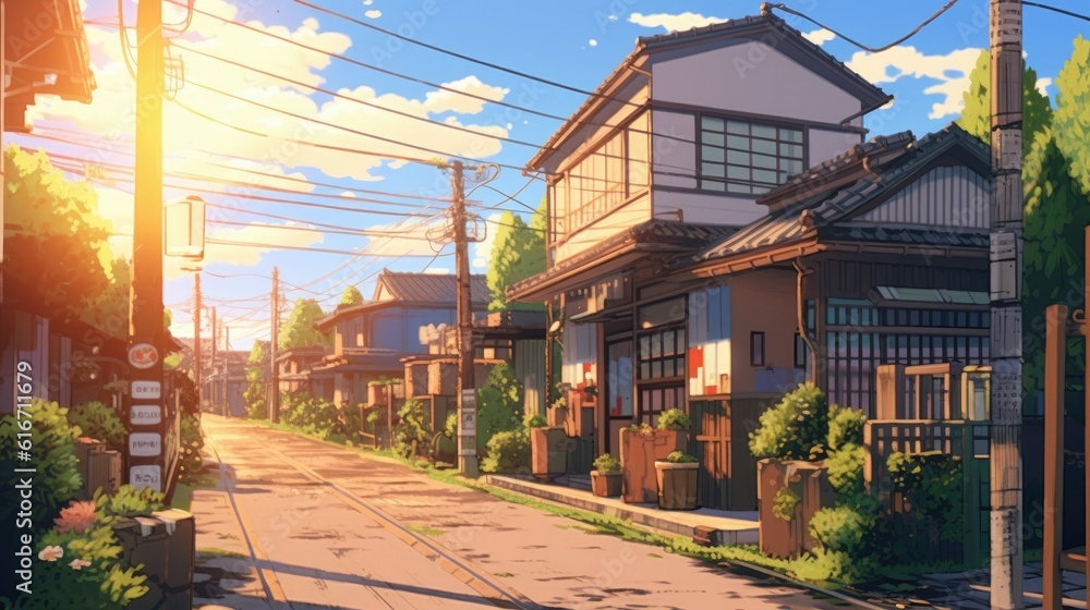 Fototapeta premium morning, featuring a row of houses surrounded by birds and trees