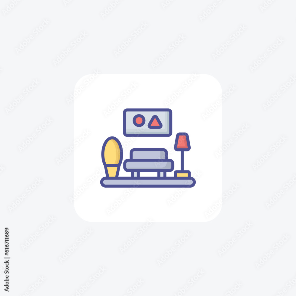 Sitting Area, Lobby, Sofa, Lamp, Picture Frame Vector Outline Filled Icon Sitting Area, Lobby, Sofa, Lamp, Picture Frame Vector Outline Filled Icon