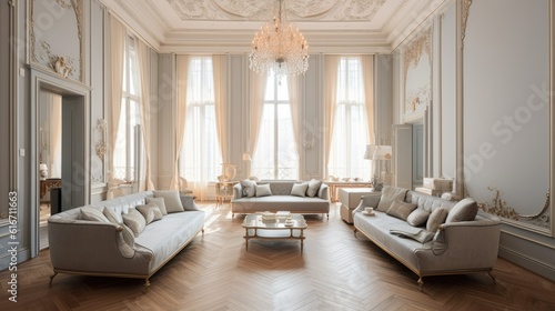modern living room, sofa, chandelier, big windows with curatins © Yash