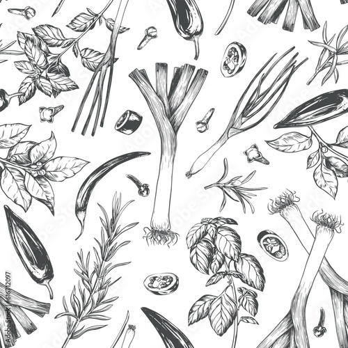 Seamless pattern with spices, engraving style. Basil, onion, leek, laurel, rosemary, thyme, chili, paprika. Design for wallpapers, textiles, paper, cafes and restaurants.