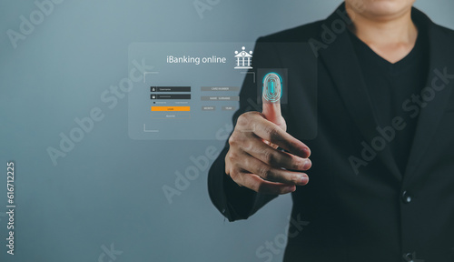 Businessman scanning fingerprints electronic payments through the system Online Banking, Internet Payment, Banking, New Future CBDC Financial Technology and Currency Exchange