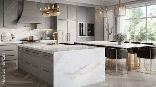 Modern classic white kitchen in a luxury apartment. Island with marble top and drawers, dining table with armchairs, parquet floor, luxurious chandelier, gilded details, modern kitchen appliances.