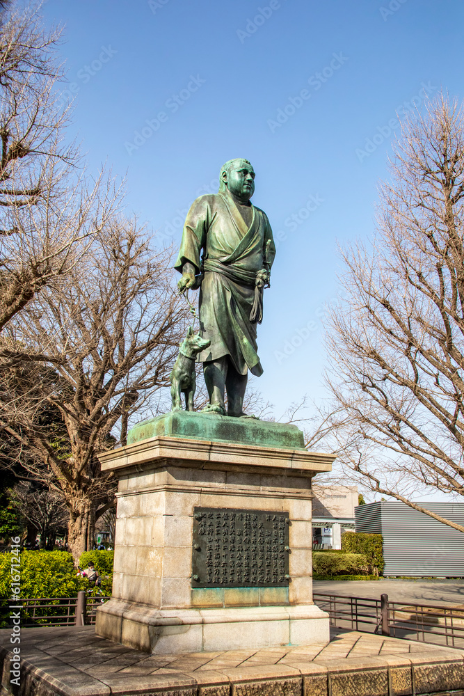 Tokyo Japan Mar 11th 2023: the statue of Saigo Takamori in Ueno park. 
One of Japan's most iconic historical figures and his loyal dog. 
A man often dubbed as the ‘last true samurai'. 