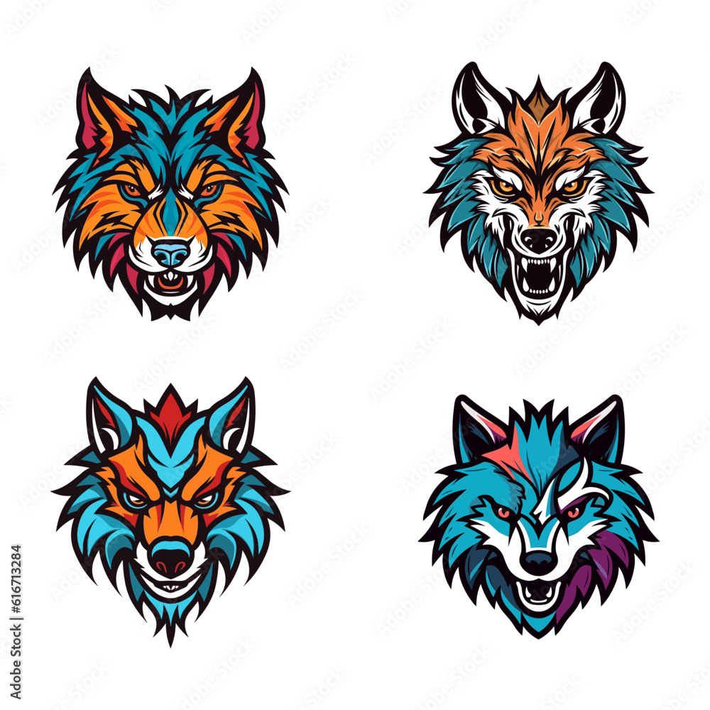 wolf head hand drawn logo design illustration set