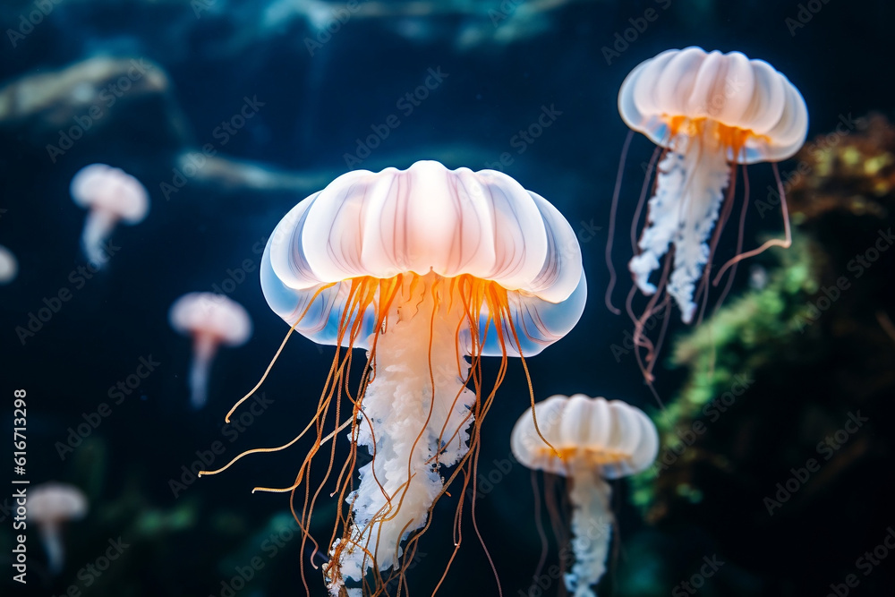 photo of a white jellyfish swimming coral in the backgroun - obrazy, fototapety, plakaty 