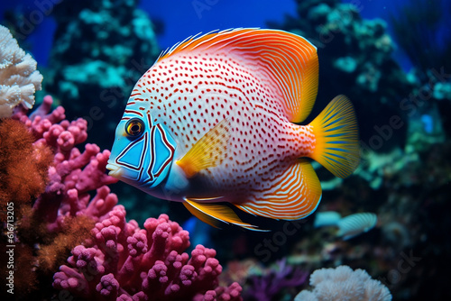 photo of a beautiful discus fish behind is colorful coral  © h3bs