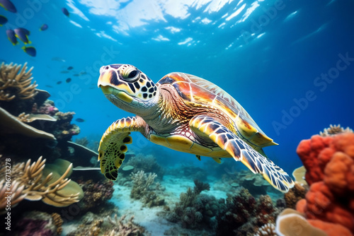 photo of a beautiful turtle behind is colorful coral taken © Hoang