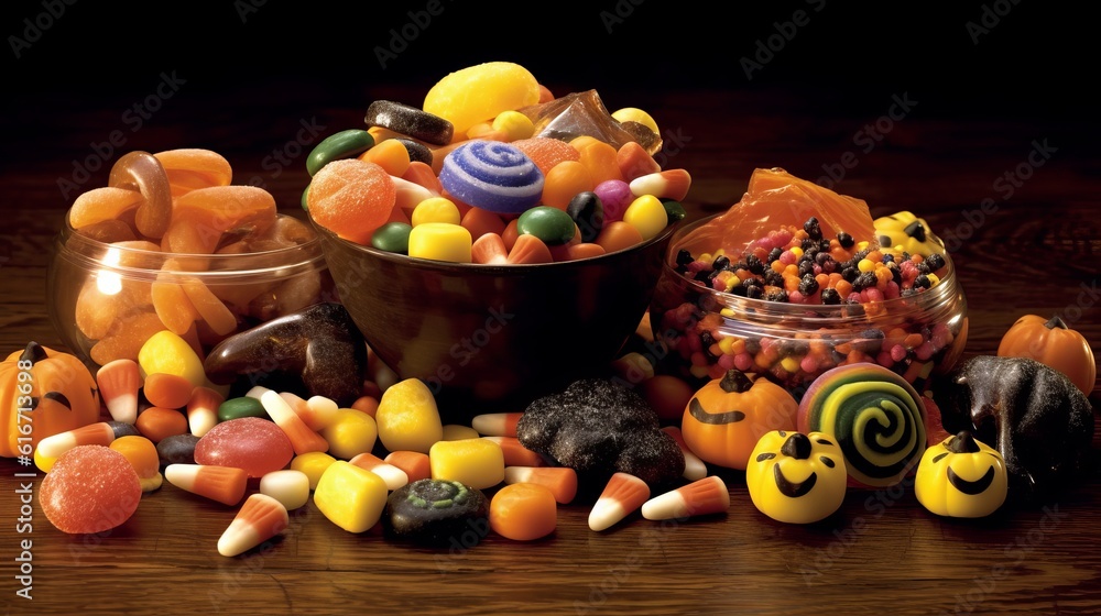 Marmalade candies of different taste and size, Halloween holiday atmosphere. Generative AI Marmalade candies of different taste and size, Halloween holiday atmosphere. Generative AI