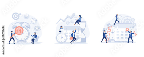 Time Management, people doing their daily routine productively to reach goal, Projects and deadlines, set flat modern vector illustration