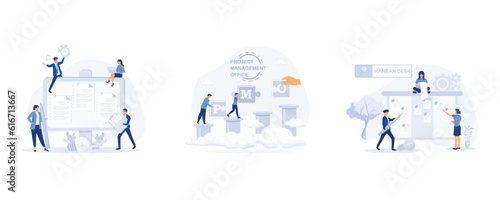 Workflow organization, Project Management Office acronym, Online kanban board app, set flat modern vector illustration
