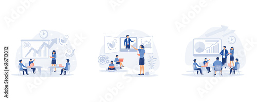 Business seminar, presentation or conference, young people sitting on big laptop and attending public conference, public conference and motivation for business audience, set flat modern vector illustr
