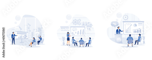 Business coach speaking in front of audience, Using Pie Diagrams and Column Charts, doing presentation and professional training about marketing, sales and e-commerce, set flat modern vector illustrat