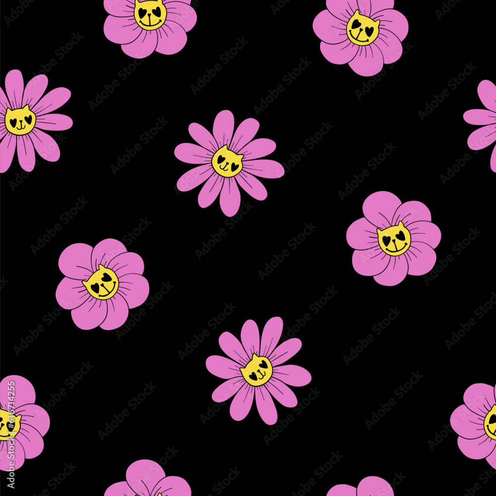 Cat smiles seamless pattern with flowers. Dandelion repeat print. Pink Flower cats endless ornament. Smiling kitten faces character. Kitty with heart eye. Blossom ornament. 70s style. Print for kids