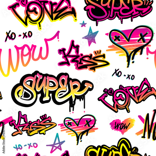 Abstract seamless Grunge pattern with street art style text. Graffiti repeat print. Cover urban lettering ornament with text Super, love, kiss, wow, xo xo. Girlish fashion background. Heart prints