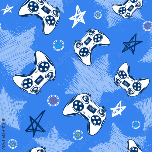 Abstract seamless pattern with gamepads on endless grunge stars background in blue colors. Gaming repeat print. Gamer cover illustration for sport textile, fashion clothes, wrapping paper.