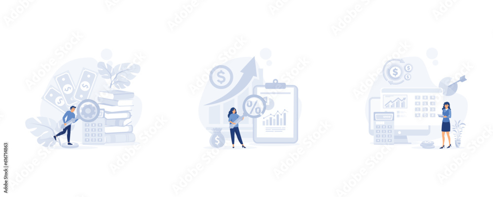 Business process, documents workflow and accounting. Man looking through magnifying glass at bill, check or invoice, set flat vector modern illustration Business process, documents workflow and accounting. Man looking through magnifying glass at bill, check or invoice, set flat vector modern illustration