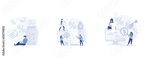 Calculation, bookkeeping investment money concept, Graphs and Charts Counting Money Refund. Financial Consulting. set flat vector modern illustration	