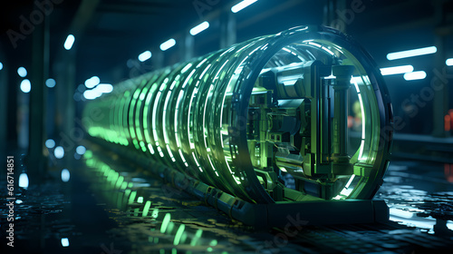 Futuristic hydrogen pipeline illustrating the transformation of the energy sector towards to future ecology, carbon neutral. 3d style.