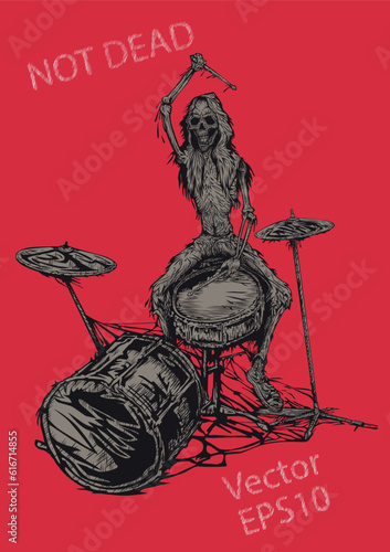 Rock human skeleton musician playing drummer, Rock concert poster, t shirt, postcard, stock vector illustration
