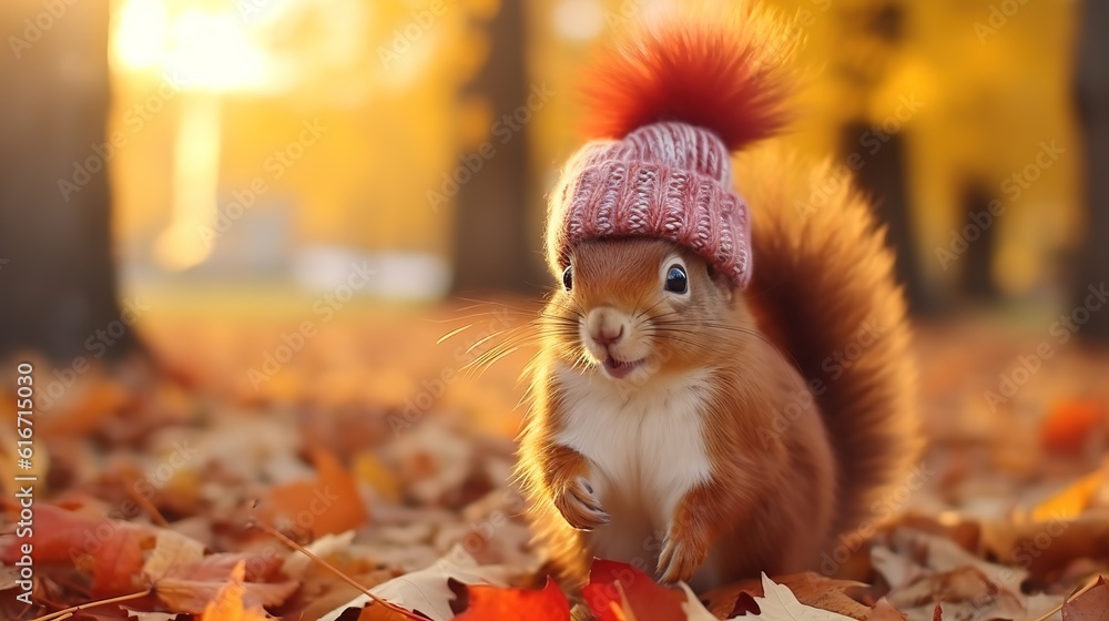 Cute little squirrels, some wearing hats and scarves and some wearing glasses, are created by artificial intelligence in the background of the forest and the beach.