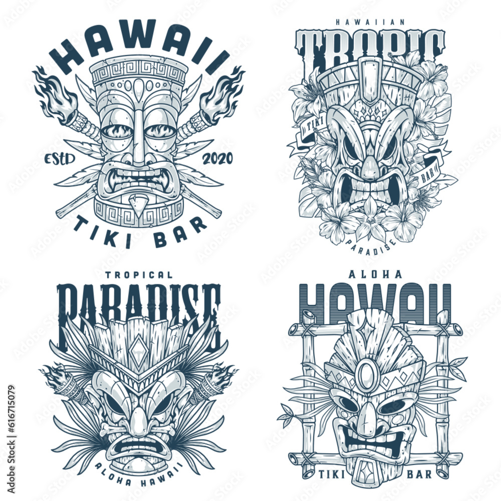 Tiki mask set flyers monochrome Tiki mask set flyers monochrome