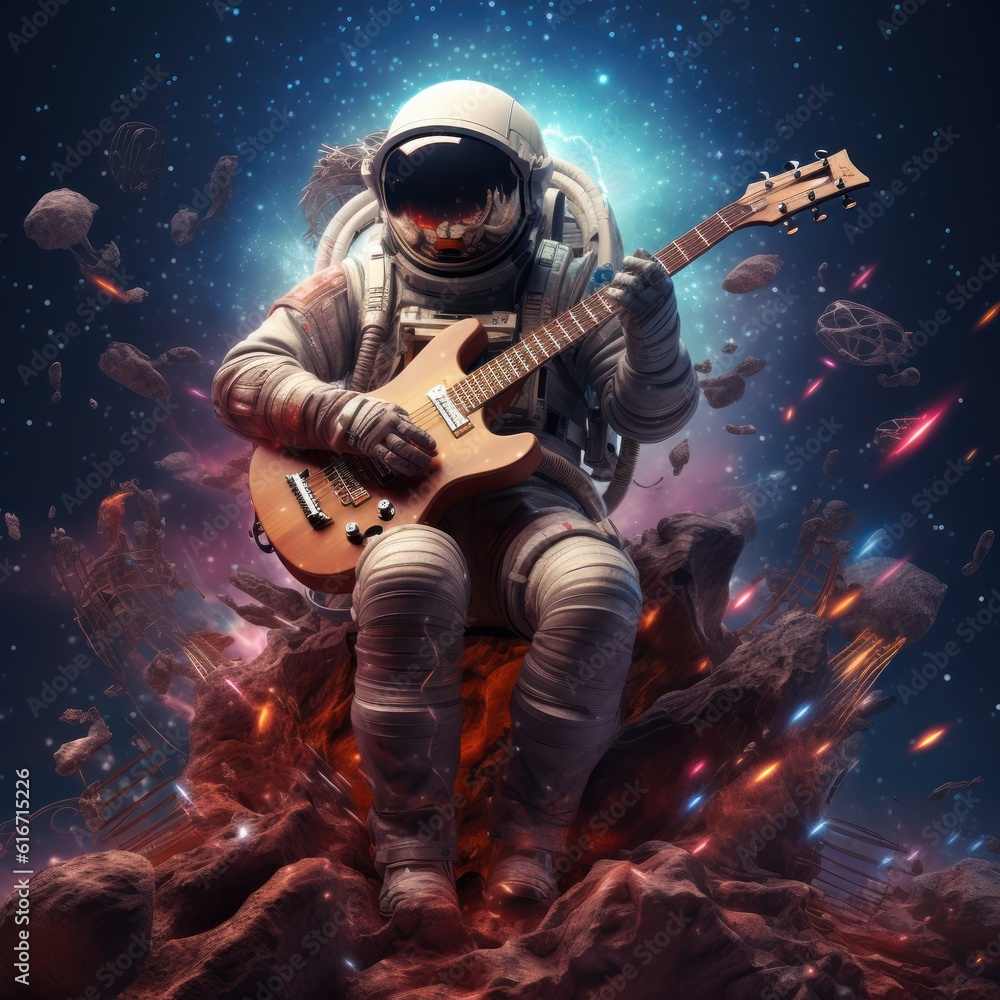 An astronaut playing a celestial instrument amidst a galaxy, with stars and planets flowing out as musical notes, symbolizing the harmony of the universe