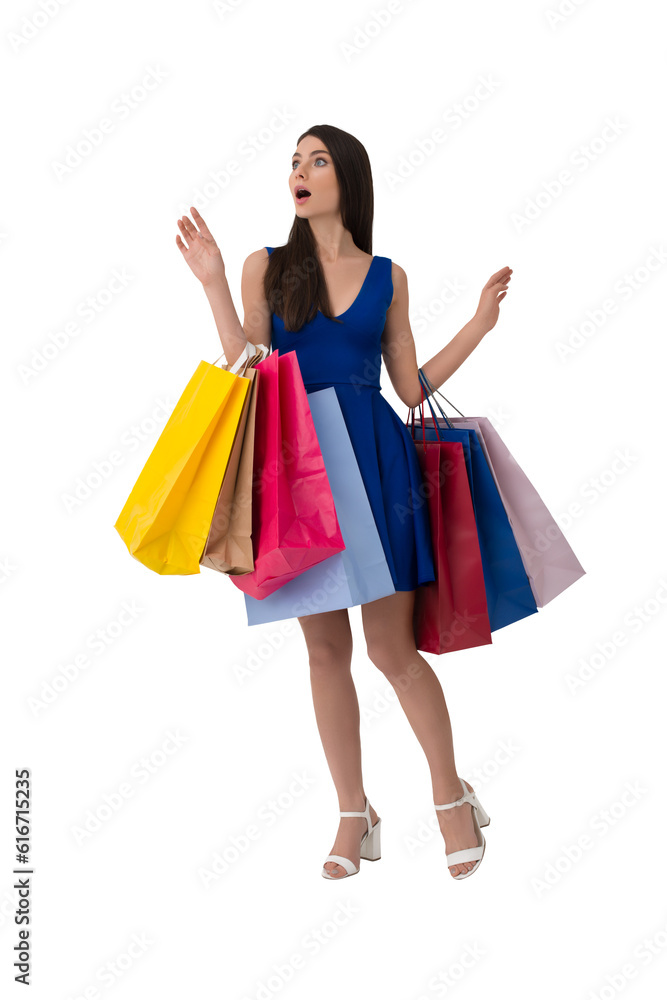 Isolated  woman with surprised expression and shopping bags