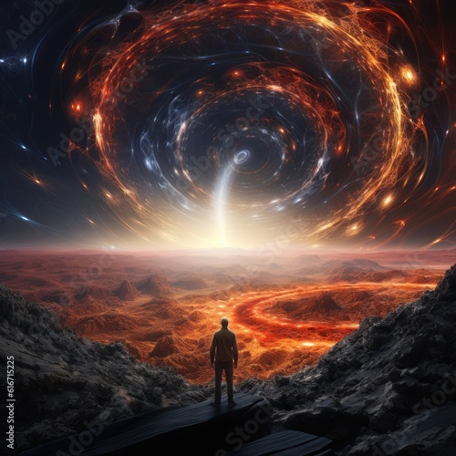 A scientist standing at the edge of a precipice, peering into a swirling vortex of atomic particles and quantum waves, illustrating the mysteries of quantum physics