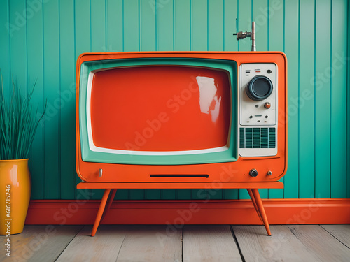 Retro orange television on green background, AI Generatetive.