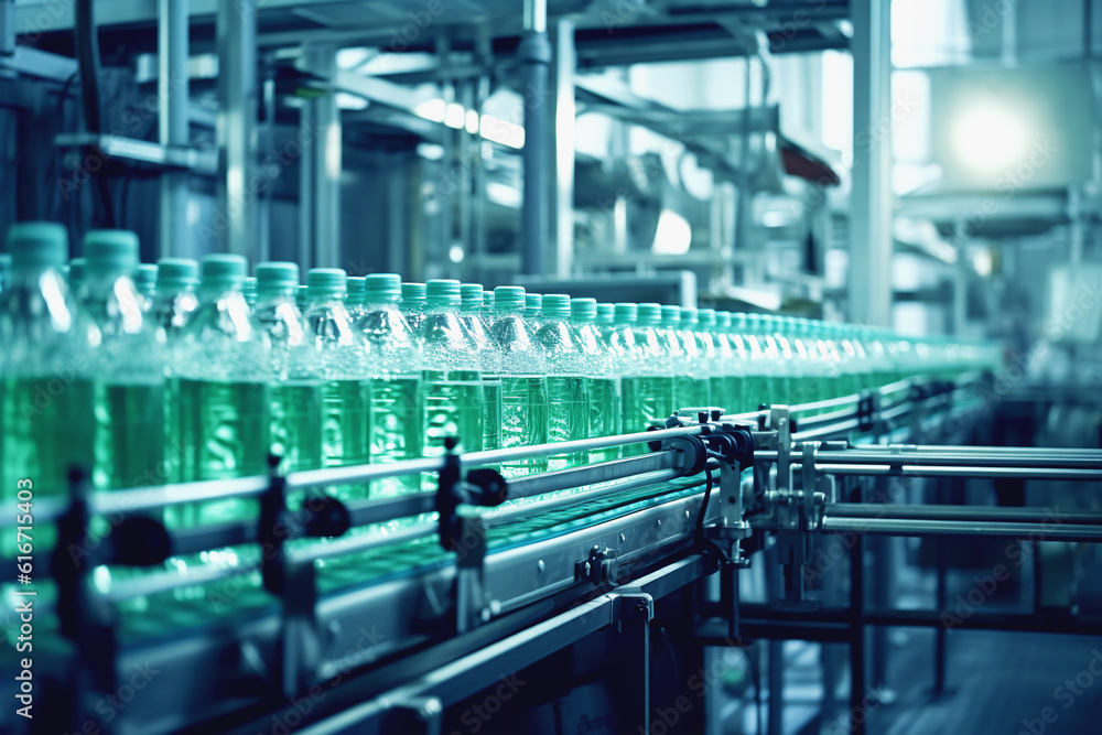 Industrial line for bottling drinking water into glass bottles. Conveyor in food production. Generated by AI Industrial line for bottling drinking water into glass bottles. Conveyor in food production. Generated by AI