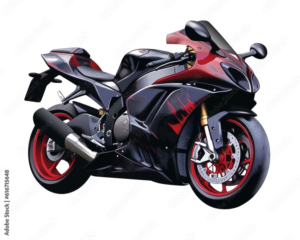 Sport bike motorcycle isolated on transparent background, blue red sportbike, front side view, concept of extreme sports, speed, race, leisure, modern technology. generative ai