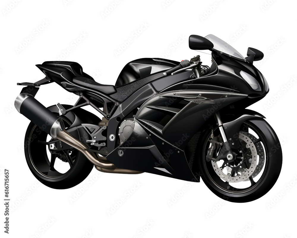 Black sport bike motorcycle isolated on transparent background, side view, concept of extreme sports, speed, race, leisure, modern technology. generative ai Black sport bike motorcycle isolated on transparent background, side view, concept of extreme sports, speed, race, leisure, modern technology. generative ai