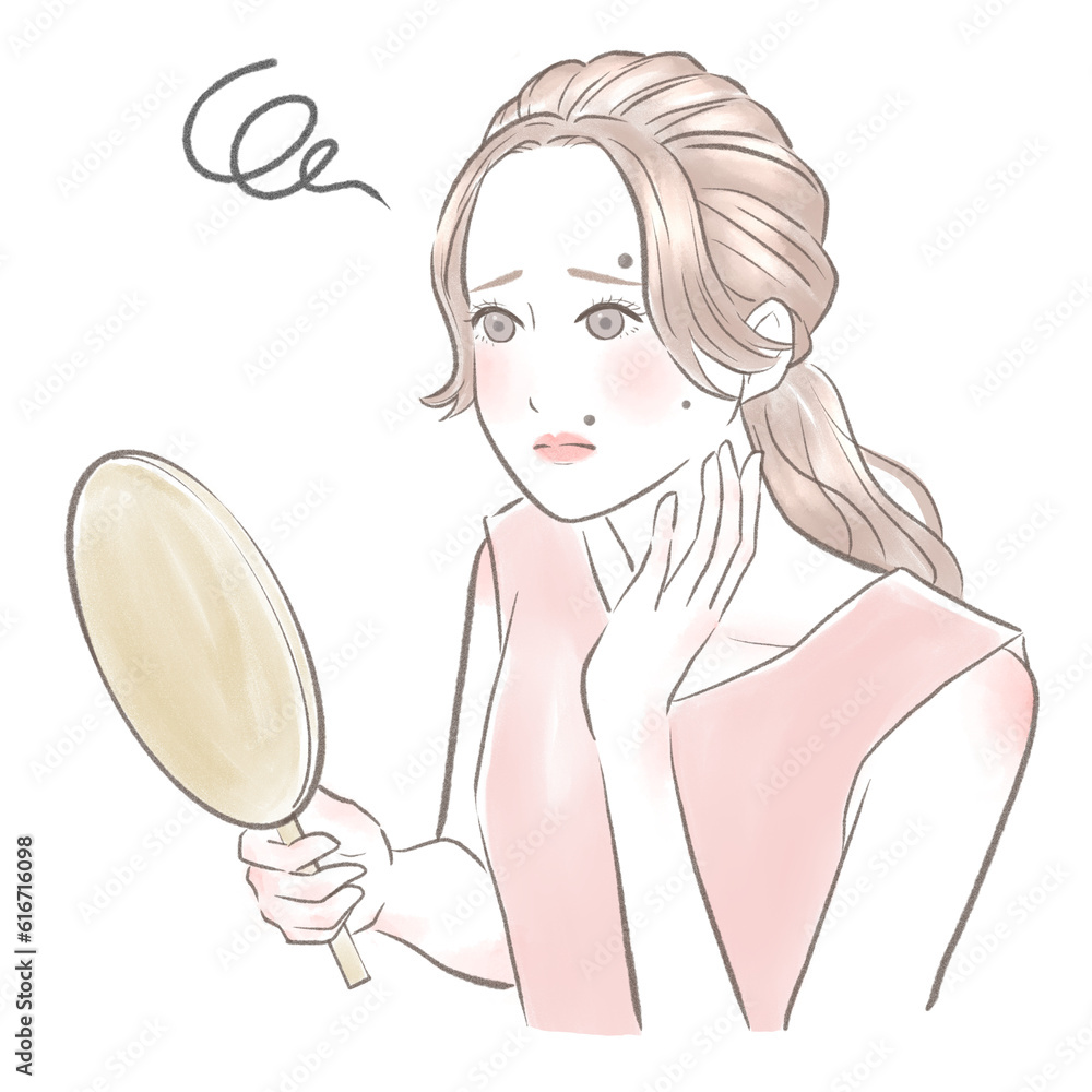 手鏡を持って大きなホクロに悩む女性