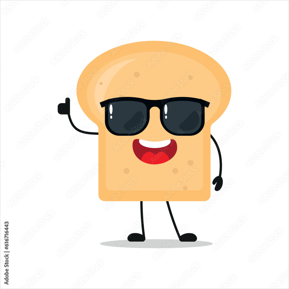 Cute happy bread character wear sunglasses. Funny bread greet friend cartoon emoticon in flat style. bakery emoji vector illustration