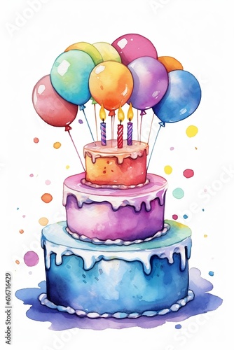 Happy birthday greeting card in watercolor style with festive cake and balloons. Watercolor Birthday invitation illustration. Generative AI.