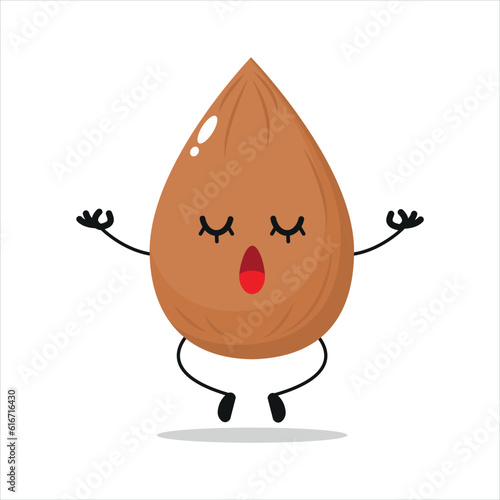 Cute relax almond character. Funny yoga almond cartoon emoticon in flat style. nut emoji meditation vector illustration