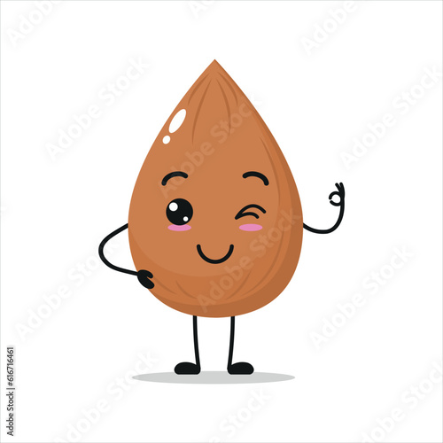 Cute happy almond character. Funny smiling and blink almond cartoon emoticon in flat style. nut emoji vector illustration