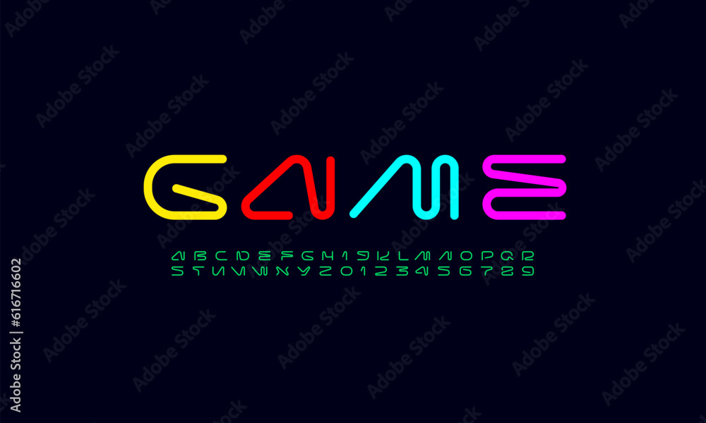 Technical wide round future font, digital cyber alphabet, trendy uppercase letters from A to Z and numbers from 0 to 9 for interface design, vector illustration 10EPS Technical wide round future font, digital cyber alphabet, trendy uppercase letters from A to Z and numbers from 0 to 9 for interface design, vector illustration 10EPS