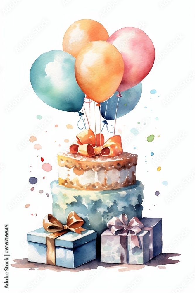 Happy birthday greeting card in watercolor style with festive cake ...