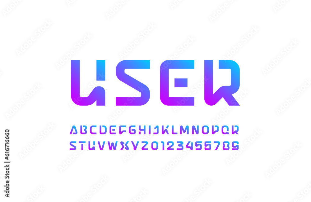 Tech font, digital alphabet, trendy uppercase Latin letters from A to Z and Arab numbers from 0 to 9 for you user design, vector illustration 10EPS