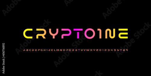 Digital font, cyber alphabet made space future design, bright uppercase Latin letters A-Z and Arab numerals 0-9 made rounded style, vector illustration 10EPS