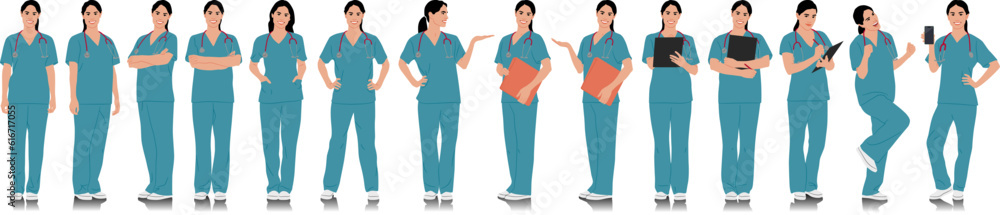 Hand-drawn healthcare worker. Happy smiling doctor with a stethoscope. Female nurse in blue uniform poses. Different color options. Vector flat style illustration set isolated on white Hand-drawn healthcare worker. Happy smiling doctor with a stethoscope. Female nurse in blue uniform poses. Different color options. Vector flat style illustration set isolated on white