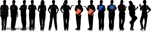 Silhouette of female healthcare worker. Happy smiling doctor with a stethoscope. Female nurse in blue uniform poses. Different color options. Vector flat style illustration set isolated on white